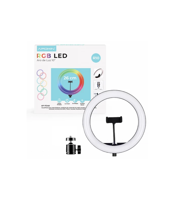 Aro de Luz RGB Multi Color 26CM 10" Soporte para Móvil + Tripode 2,1m