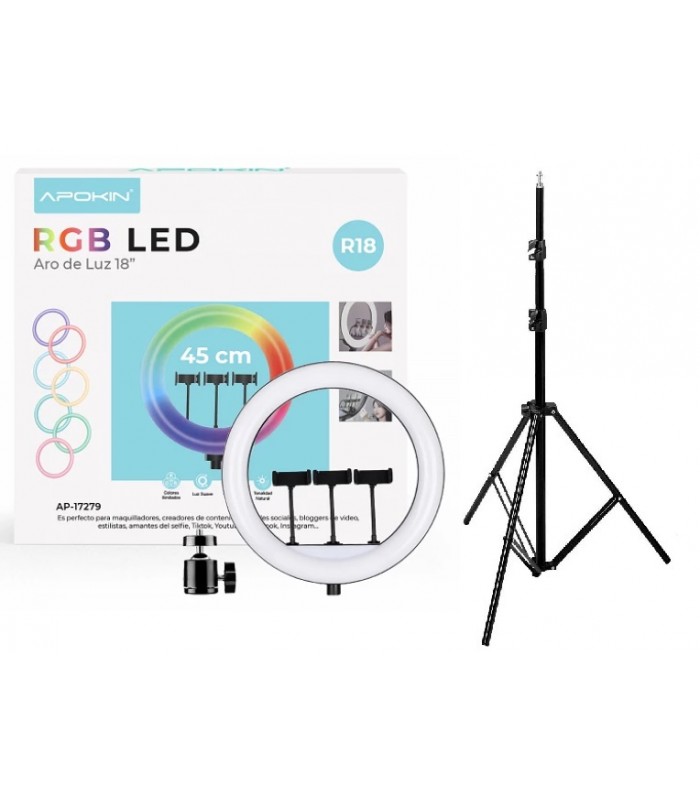 Aro de Luz RGB 45cm 3 Soportes Multi-Dispositivo con Mando a Distancia + Tripode 2,1M