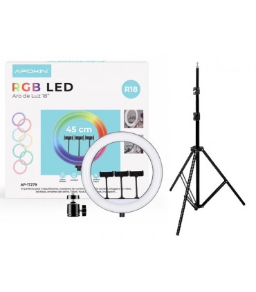 Aro de Luz RGB 45cm 3 Soportes Multi-Dispositivo con Mando a Distancia + Tripode 2,1M