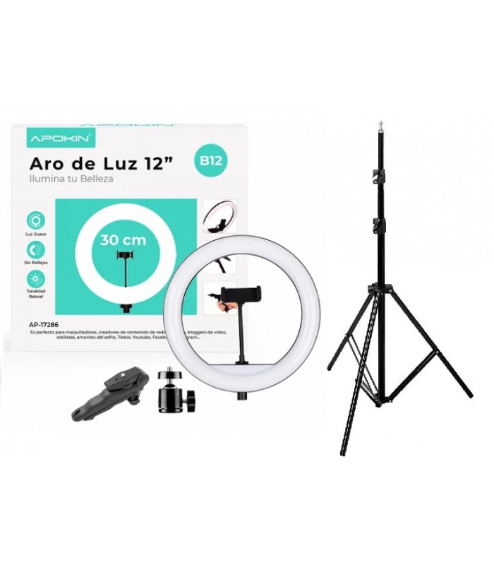 Aro de Luz 30cm 12" Soporte para Móvil con Soporte Mesa + Tripode 2,1M