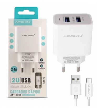 Cargador rápido doble entrada USB-A 2.4A + Cable Tipo C APOKIN