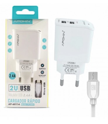 Cargador rápido doble entrada MICRO USB 2.4A + Cable MICRO USB APOKIN