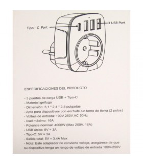 ENCHUFE ADAPTADOR CON 3 Puertos USB + TIPO C