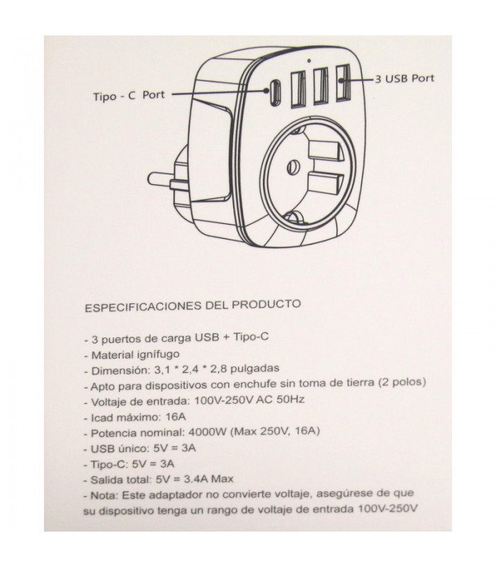 ENCHUFE ADAPTADOR CON 3 Puertos USB + TIPO C