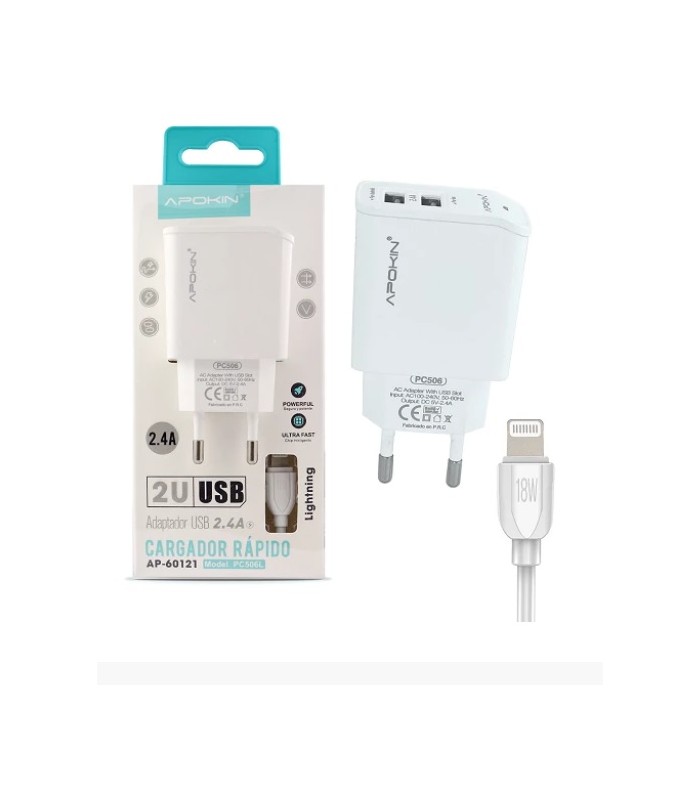 Cargador rápido doble entrada MICRO USB 2.4A + Cable Lightning APOKIN